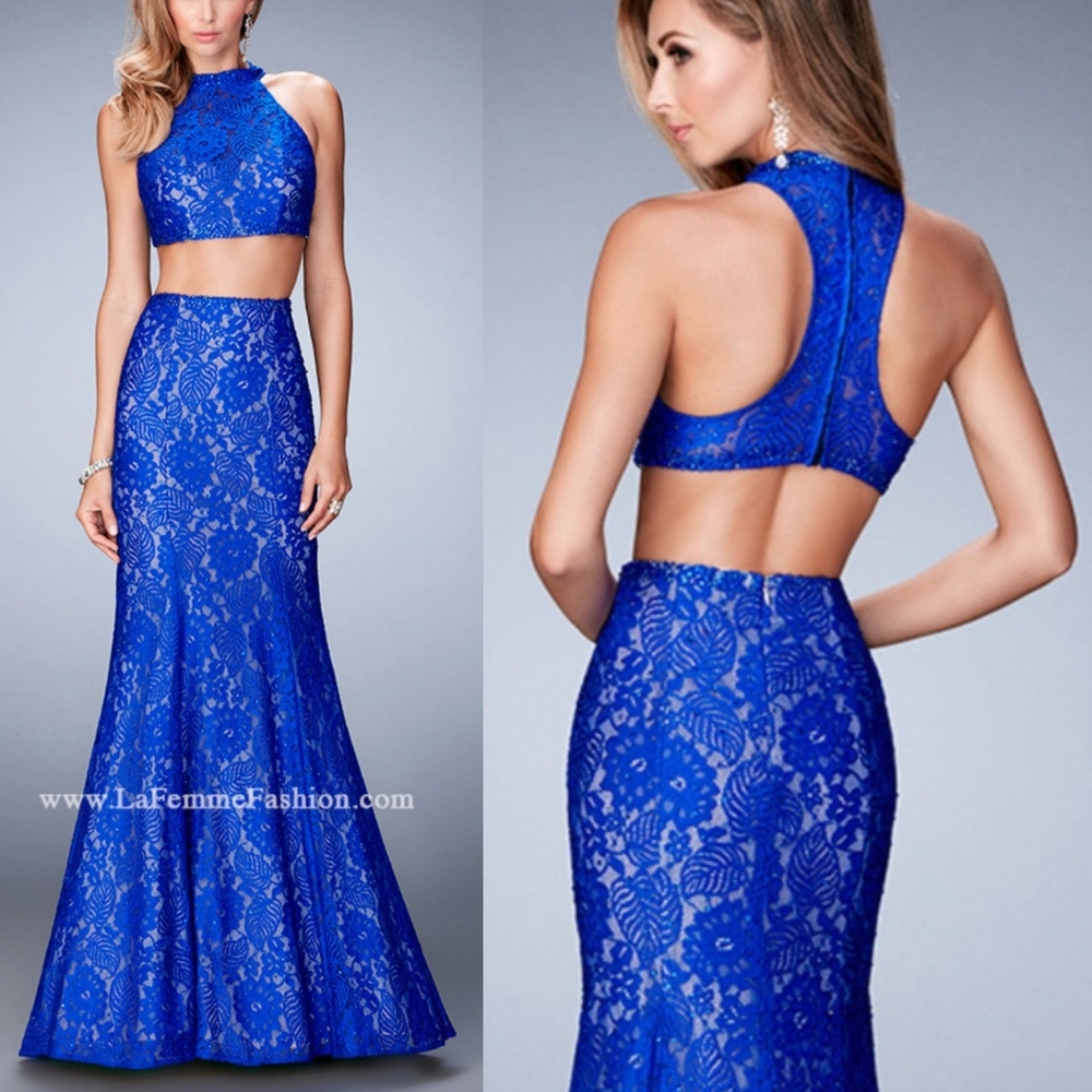 LA FEMME 2 Piece Blue Embellished Floral Lace Gown Crop Top Mermaid Maxi Skirt 6